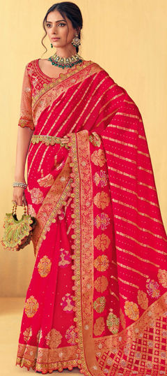 Bridal, Traditional, Wedding Pink and Majenta color Saree in Silk fabric with South Stone, Thread, Weaving work : 1964673