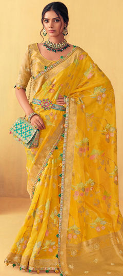 Bridal, Traditional, Wedding Yellow color Saree in Silk fabric with South Stone, Thread, Weaving work : 1964674