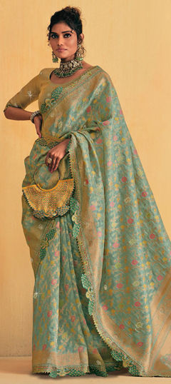 Bridal, Traditional, Wedding Blue color Saree in Silk fabric with South Border, Stone, Weaving work : 1964675