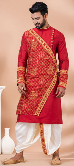 Festive, Party Wear Red and Maroon color Dhoti Kurta in Viscose fabric with Embroidered, Thread work : 1964684