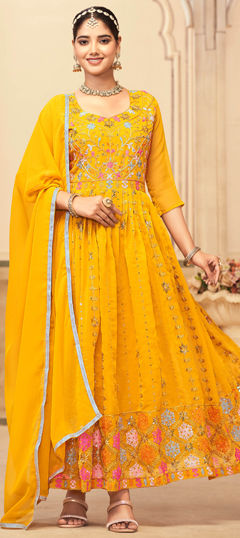 Festive, Party Wear Yellow color Gown in Faux Georgette fabric with Embroidered, Sequence, Thread work : 1964690