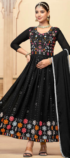 Festive, Party Wear Black and Grey color Gown in Faux Georgette fabric with Embroidered, Sequence, Thread work : 1964692