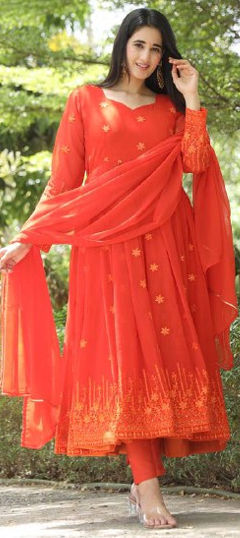 Festive, Reception Orange color Salwar Kameez in Georgette fabric with Anarkali Printed work : 1964698