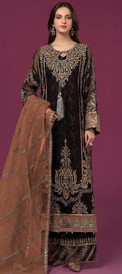 Beige and Brown, Black and Grey color Salwar Kameez in Faux Georgette fabric with Embroidered, Sequence, Thread work