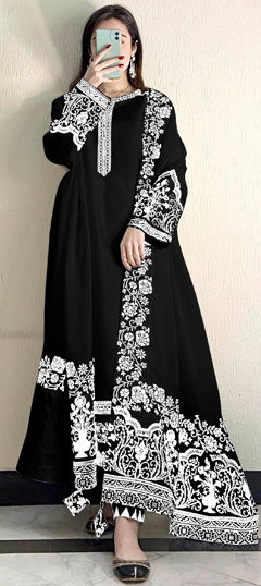 Festive, Party Wear Black and Grey color Salwar Kameez in Faux Georgette fabric with Pakistani, Straight Embroidered, Sequence, Thread work : 1964713