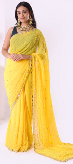 Yellow color Saree in Georgette fabric with Cut Dana, Mirror, Moti, Zircon work