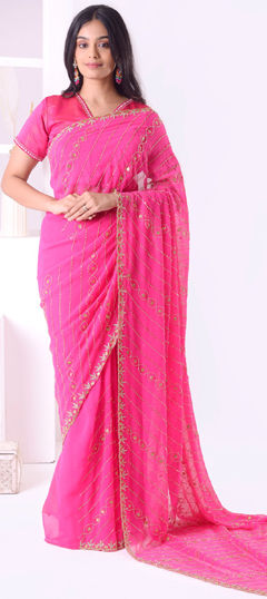 Pink and Majenta color Saree in Georgette fabric with Cut Dana, Mirror, Moti, Zircon work