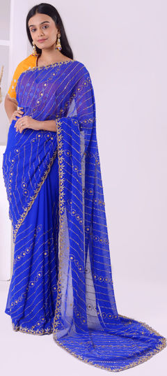 Blue color Saree in Georgette fabric with Cut Dana, Mirror, Moti, Zircon work