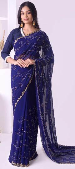 Blue color Saree in Georgette fabric with Cut Dana, Mirror, Moti, Zircon work