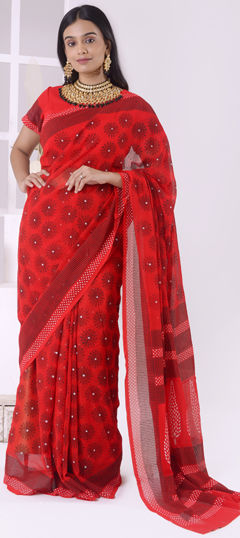 Red and Maroon color Saree in Georgette fabric with Printed work