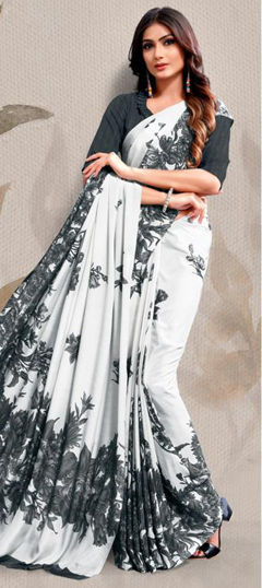 Festive, Party Wear, Traditional White and Off White color Saree in Crepe Silk fabric with Classic Floral, Printed work : 1964801