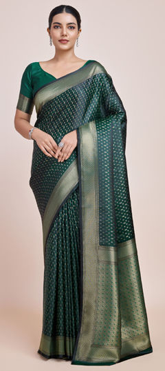 Green color Saree in Banarasi Silk fabric with Weaving, Zari work