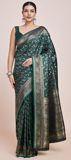 Green color Saree in Banarasi Silk fabric with Printed, Weaving work