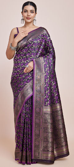 Purple and Violet color Saree in Banarasi Silk fabric with Printed, Weaving work