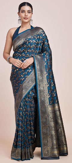 Blue color Saree in Banarasi Silk fabric with Printed, Weaving work