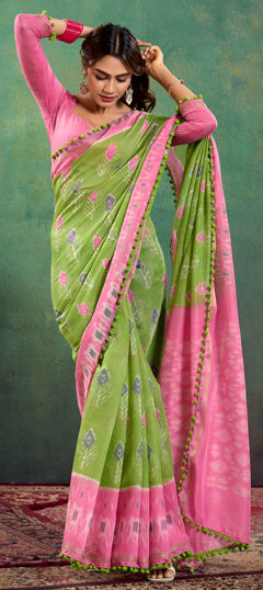 Casual, Traditional Green, Pink and Majenta color Saree in Cotton fabric with Bengali Printed work : 1964833