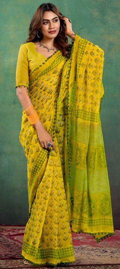 Casual, Traditional Yellow color Saree in Cotton fabric with Bengali Printed work : 1964835