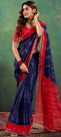 Casual, Traditional Blue color Saree in Cotton fabric with Bengali Printed work : 1964836