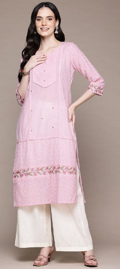 Pink and Majenta color Kurti in Cotton fabric with Embroidered, Lace, Mirror, Resham, Thread work