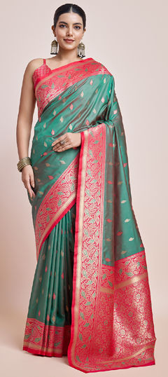 Green color Saree in Banarasi Silk fabric with Weaving, Zari work