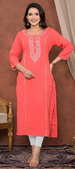 Orange color Kurti in Viscose fabric with Gota Patti, Resham, Sequence, Thread, Zari work