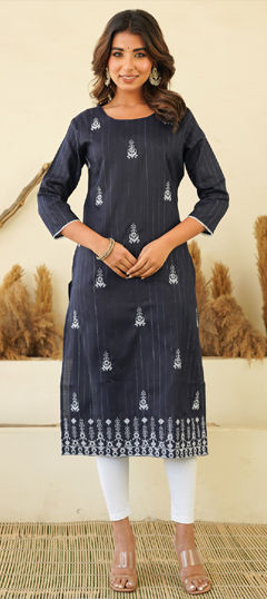 Blue color Kurti in Cotton fabric with Embroidered, Resham, Thread work