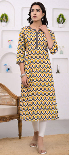 Yellow color Kurti in Cotton fabric with Printed, Thread work