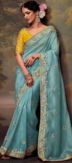 Bridal, Engagement, Wedding Blue color Saree in Organza Silk fabric with Classic Embroidered, Sequence, Thread work : 1964852