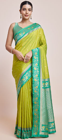 Green color Saree in Banarasi Silk fabric with Weaving, Zari work