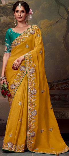 Bridal, Engagement, Wedding Yellow color Saree in Organza Silk fabric with Classic Embroidered, Sequence, Thread work : 1964858