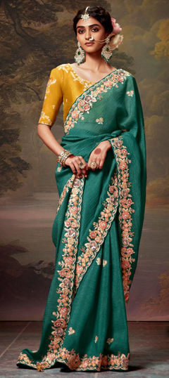 Bridal, Engagement, Wedding Green color Saree in Organza Silk fabric with Classic Embroidered, Sequence, Thread work : 1964859