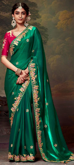 Green color Saree in Organza Silk fabric with Embroidered, Sequence, Thread work