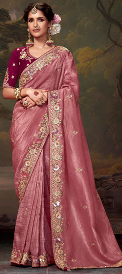 Pink and Majenta color Saree in Organza Silk fabric with Embroidered, Sequence, Thread work