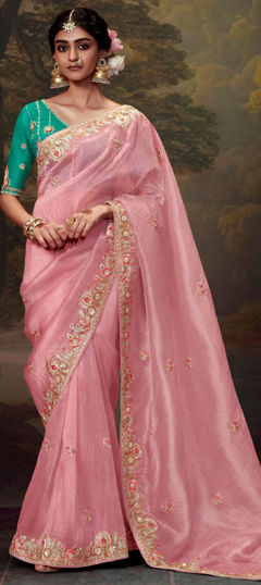 Pink and Majenta color Saree in Organza Silk fabric with Embroidered, Sequence, Thread work