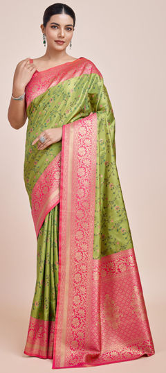 Green color Saree in Tissue fabric with Weaving, Zari work