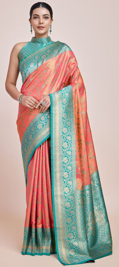 Pink and Majenta color Saree in Tissue fabric with Weaving, Zari work