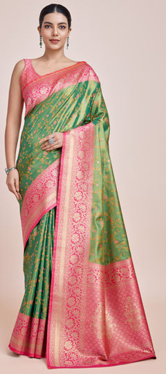 Green color Saree in Tissue fabric with Weaving, Zari work