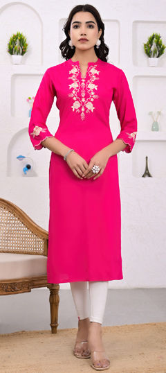 Pink and Majenta color Kurti in Rayon fabric with Embroidered, Resham, Thread work