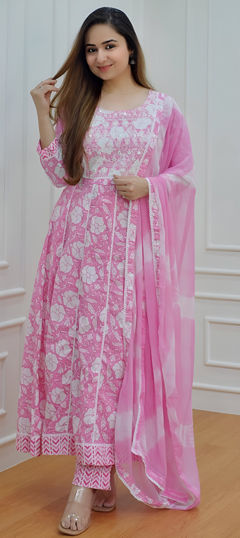 Festive, Party Wear, Reception Pink and Majenta color Salwar Kameez in Rayon fabric with Anarkali Floral, Lace, Mirror, Printed work : 1964893