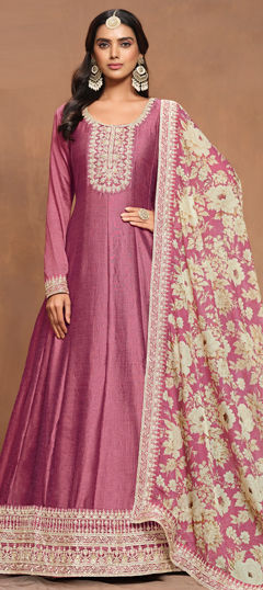 Pink and Majenta color Salwar Kameez in Art Silk fabric with Embroidered, Thread, Zari work