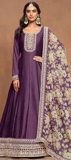 Purple and Violet color Salwar Kameez in Art Silk fabric with Embroidered, Thread, Zari work