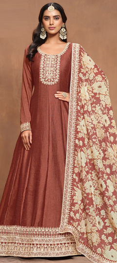 Beige and Brown color Salwar Kameez in Art Silk fabric with Embroidered, Thread, Zari work