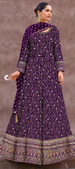 Engagement, Reception, Wedding Purple and Violet color Salwar Kameez in Georgette fabric with Anarkali Embroidered, Sequence, Thread, Zari work : 1964910