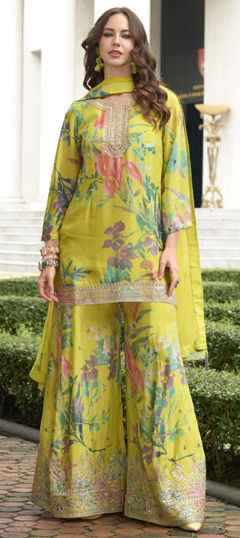 Yellow color Salwar Kameez in Silk fabric with Embroidered, Floral, Printed, Sequence, Thread, Zari work