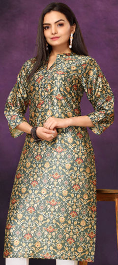 Casual Green color Kurti in Chanderi Silk fabric with Long Sleeve, Straight Printed work : 1964957