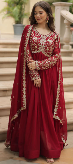 Festive, Party Wear, Reception Red and Maroon color Gown in Georgette fabric with Embroidered, Sequence, Zari work : 1964958