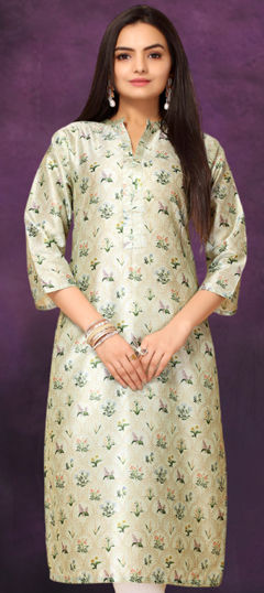 Casual Green color Kurti in Chanderi Silk fabric with Long Sleeve, Straight Floral, Printed work : 1964960