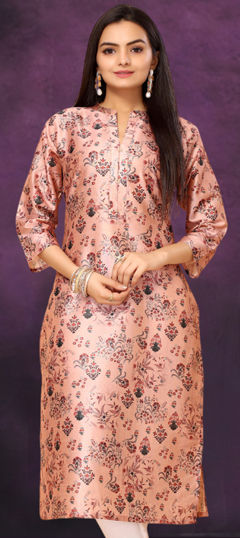 Casual Pink and Majenta color Kurti in Chanderi Silk fabric with Long Sleeve, Straight Floral, Printed work : 1964963