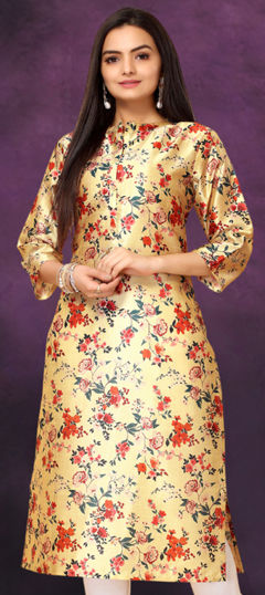 Casual Yellow color Kurti in Chanderi Silk fabric with Straight Floral, Printed work : 1964964