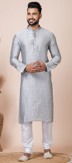 Black and Grey color Kurta Pyjamas in Jacquard fabric with Thread work